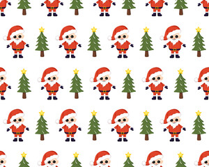 Fototapeta premium Seamless Christmas pattern with red Santa Claus, bag with presents and trees. Bright print for New Year and winter holiday, wrapping paper, textiles and designs.