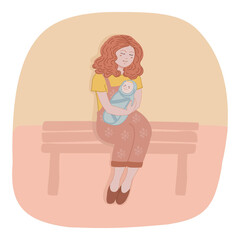 A young woman sits and holds a baby in her arms. Young loving mother with a baby in her arms. Simple vector illustration.
