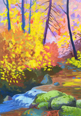 The stream rolls over the stones in the autumn forest. Child's drawing