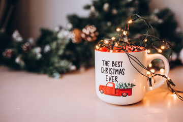 christmas red mug. New Year. Christmas