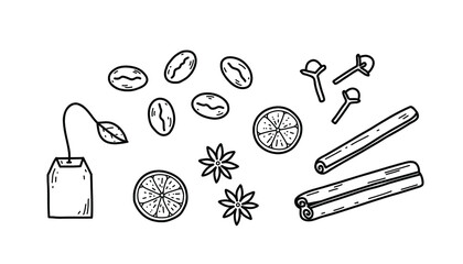 Vector illustration with ingredients  for spice tea or coffee - cinnamon rolls, clove, star anise, lemon and orange slices, tea bag and coffee beans. Doodle drawing.