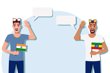 Men with Indian and Ethiopian flags. Background for the text. Communication between native speakers of the language. Vector illustration.