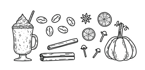 Vector hand drawn ingredients for pumpkin spice latte - coffee with froth, cinnamon rolls, pumpkin, orange, clove, anise star.