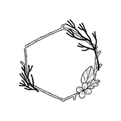 Vector wreath with nature elements - dried branches, wood sticks, flowers. Forest decorative frame.