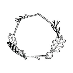 Vector wreath with nature elements - dried branches, wood sticks, feather, acorn, oak leaf. Forest decoration.