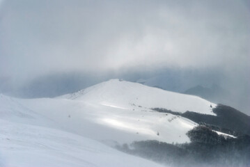 Fototapeta na wymiar Blizzard on a mountain ridge, Bieszczady Mountains, Poland