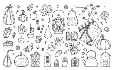 Vector set of autumn elements - leaves, pumpkins, kettle, knitted blanket, coffee and tea, desserts, houses, book, garland, sweets. Cute things for cozy autumn days.