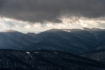 Snow-covered forest in the mountains, Bieszczady Mountains, Poland