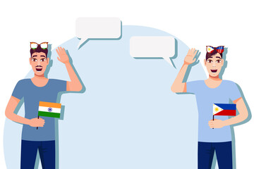 The concept of international communication, sports, education, business between India and the Philippines. Men with Indian and Philippine flags. Vector illustration.