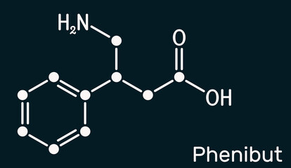 Phenibut molecule. It is central nervous system depressant with anxiolytic and sedative effects. Skeletal chemical formula on the dark blue background