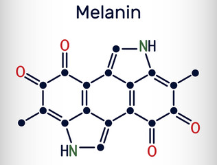 Melanin  molecule. Polymers of tyrosine derivatives found in and causing darkness in skin (skin pigmentation) and hair. Skeletal chemical formula