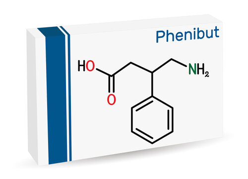 Phenibut molecule. It is central nervous system depressant with anxiolytic and sedative effects. Skeletal chemical formula. Paper packaging for drugs