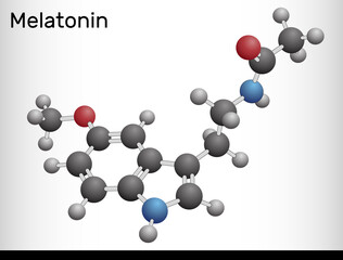Melatonin molecule, hormone that regulates sleep and wakefulness. Molecule model