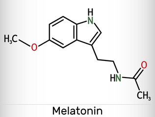 Fototapeta premium Melatonin molecule, hormone that regulates sleep and wakefulness. Skeletal chemical formula