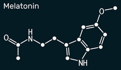 Melatonin molecule, hormone that regulates sleep and wakefulness. Structural chemical formula on the dark blue background
