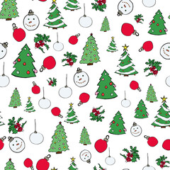 Vector White Christmas trees and baubles background pattern