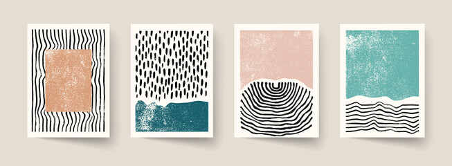 Set of abstract hand drawn compositions. Minimal geometric posters. Boho wall decor.