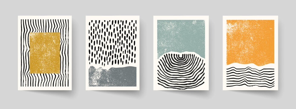 Set of abstract hand drawn compositions. Minimal geometric posters. Boho wall decor.