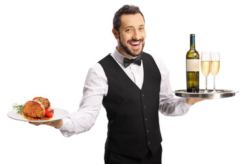 Waiter carrying a plate with steak and a tray with wine - Powered by Adobe