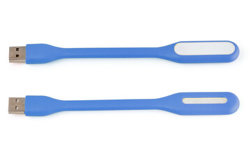 USB blue plastic LED light lamp, isolated on a white background. Closeup.