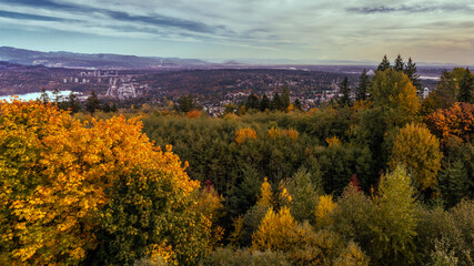 Fall colors at Fraser Valley, BC, as seen from Univercity Highlands at  Burnaby Mountain.