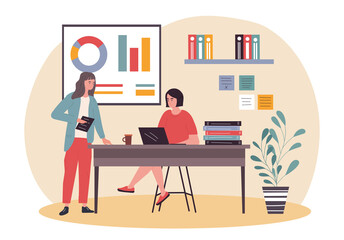 Colleagues communicating concept. Employees communicate with each other, interaction of two departments, common project, company. Cartoon flat vector illustration isolated on white background