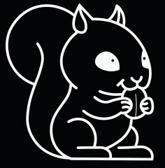 Squirrel, cute line art, hand drawn illustration, chalk isolated on black background. Concept for logo, cards, print 
