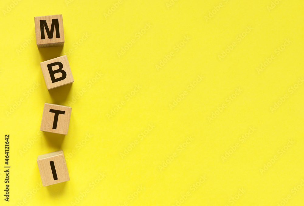 Poster mbti types test, text on yellow banner with copy space for text.