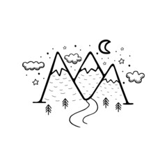 Mountains. Vector illustration. Black and white. 