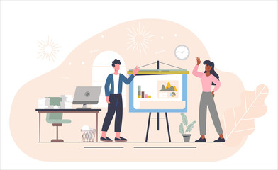Female boss in office. Girl checks employee reports, analyzes statistics, graphs and diagrams. Teamwork, subordination, success. Cartoon flat vector illustration isolated on white background