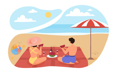 Obraz na płótnie Canvas Happy couple on beach. Husband and wife went to rest on sea, romantic date. Travel, tourists, vacation. Man and girl eating watermelon with wine. Flat vector illustration isolated on white background