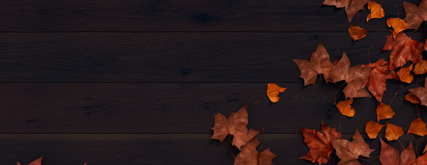 Seasonal Wallpaper, with Fall Leaves on Dark wood Surface. Thanksgiving Concept with space for text.