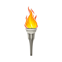 Torch with Brightly Burning Fire on Top as Ignited Light Source Vector Illustration