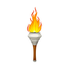 Torch with Brightly Burning Fire on Top as Ignited Light Source Vector Illustration