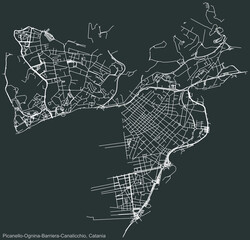 Detailed negative navigation urban street roads map on dark gray background of the quarter Picanello-Ognina/Barriera-Canalicchio district of the Italian regional capital city of Catania, Italy