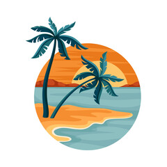 Fototapeta na wymiar Tropical Landscape with Sundown and Sandy Beach with Palm Tree in Circle Closeup Vector Illustration