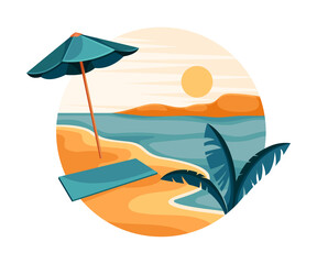 Tropical Landscape with Shining Sun and Sandy Beach with Umbrella Shade in Circle Closeup Vector Illustration