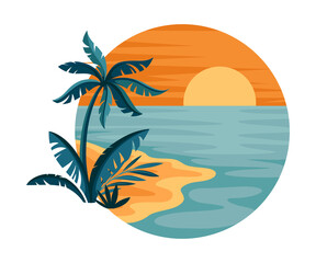 Fototapeta na wymiar Tropical Landscape with Sunset and Sandy Beach with Palm Tree in Circle Closeup Vector Illustration