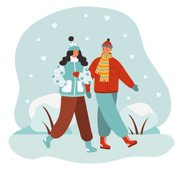 Couple in love in winter. Guy and girl walking under snow. New year, christmas, date. Romantic relationships between people, walking. Cartoon flat vector illustration isolated on white background