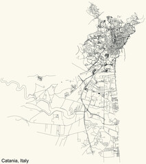 Detailed navigation urban street roads map on vintage beige background of the Italian regional capital city of Catania, Italy
