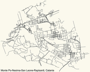 Detailed navigation urban street roads map on vintage beige background of the quarter Monte Po-Nesima/San Leone-Rapisardi district of the Italian regional capital city of Catania, Italy