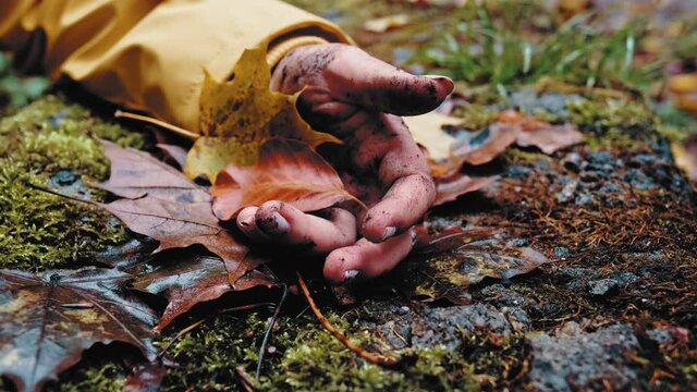 Disturbing Hand of Murdered in Forest Caucasian Woman in Yellow Jacket with Broken Finger Nails Found on Ground Among Mud and Withered Autumn Leaves