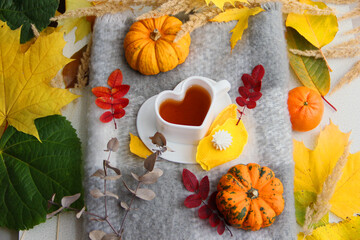 autumn still life with pumpkin, heart-shaped mug with tea, warm blanket, sweets. pumpkin and leaves. autumn leaves and fruits