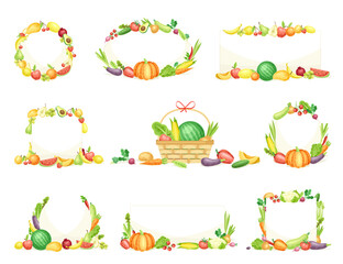 Bright Vegetable Frame with Ripe and Fresh Agricultural Cultivar Vector Set