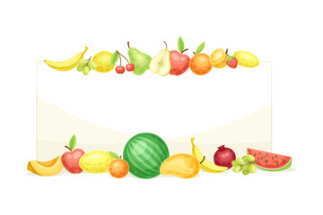 Bright Rectangular Fruit Frame with Ripe and Fresh Garden Cultivar Closeup Vector Illustration
