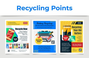Recycling old battery poster set vector illustration. Utilization, garbage disposal template design