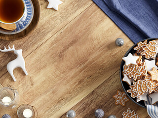 Christmas Flat Lay Mockup, Styled Wooden Background With Christmas Decor