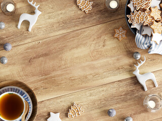 Christmas Flat Lay Mockup, Styled Wooden Background With Christmas Decor