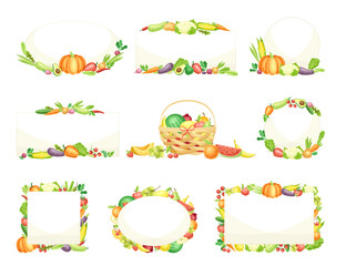 Bright Vegetable Frame with Ripe and Fresh Agricultural Cultivar Vector Set