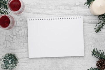 Christmas and New Year background with Christmas decorations, Media banner, Mockup, Flat design, Top view